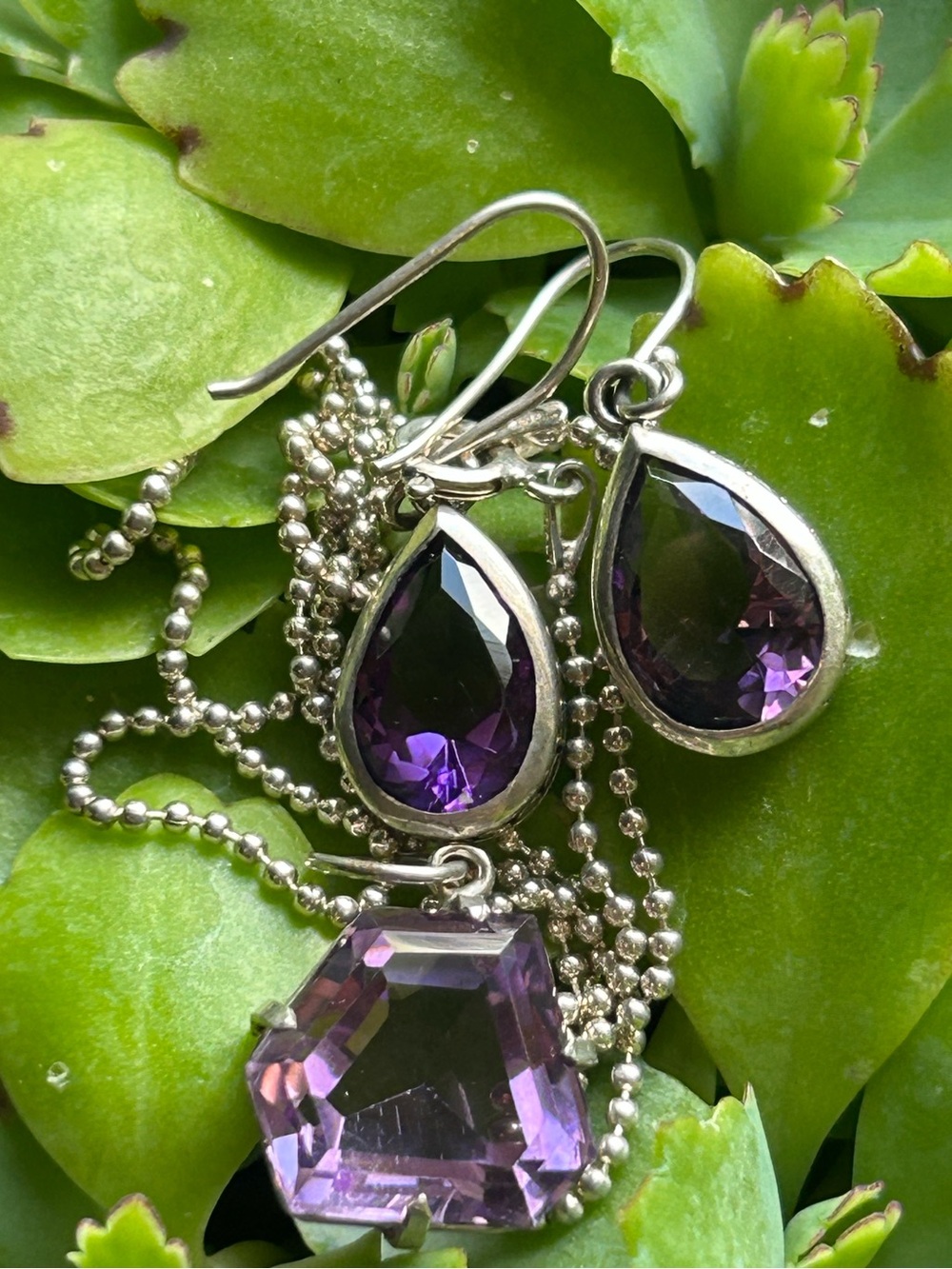 Bundle artisan Sterling silver amethyst purple stone Earrings Pendant necklace